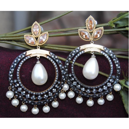 Three Leaf Champagne Diamond Pearl Drop Danglers